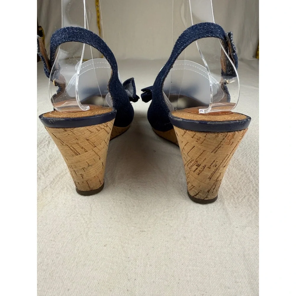Clarks Slingback Wedges Womens 9M Blue Good Condition Denim Bow Peep Toe 60705